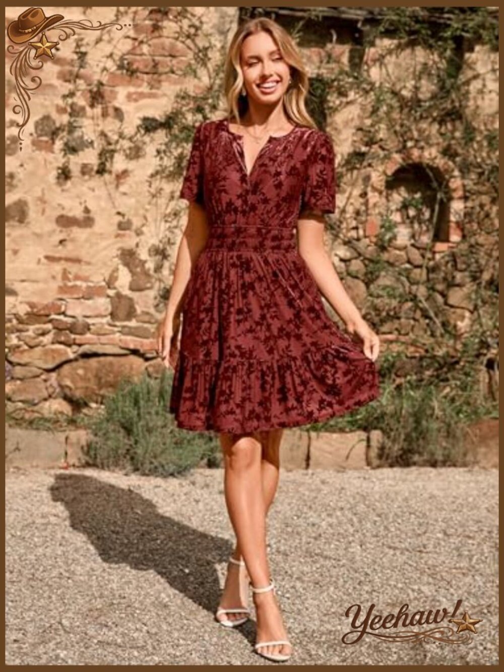 Velvet Mini Dress with Pockets V-Neck Empire Waist Short Sleeve - Picture 4 of 7